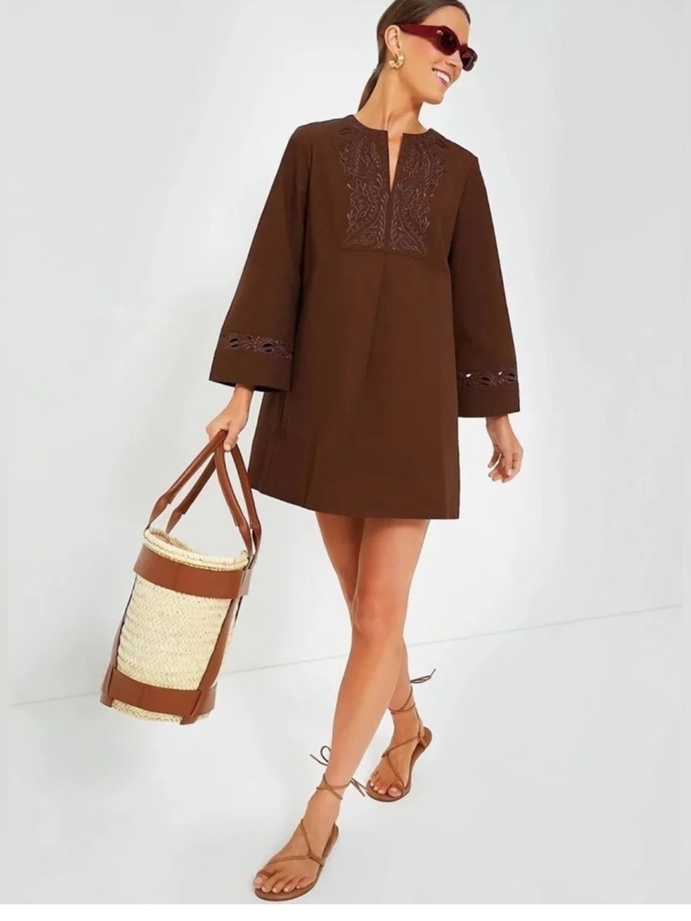 NWT Tuckernuck Brown Embroidered Tahlia Long Kimono Sleeve Mini Dress Size Small